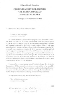 Comunicación del Premio "Dr. Rodolfo Oroz" a Da. Susana Serra.