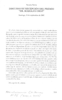 Discurso de recepción del Premio "Dr. Rodolfo Oroz"