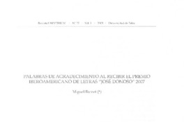 Palabras de agradecimiento al recibir el Premio Iberoamericano de Letras "José Donoso" 2007