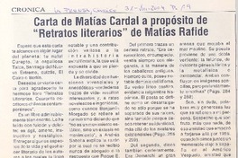Carta de Matías Cardal a propósito de "Retratos literarios" de Matías Rafide