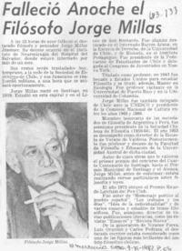 Falleció anoche el filósofo Jorge Millas.