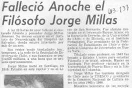 Falleció anoche el filósofo Jorge Millas.