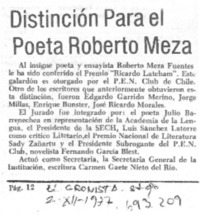 Distinción para el poeta Roberto Meza.