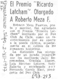El premio "Ricardo Latcham" otorgado a Roberto Meza F.