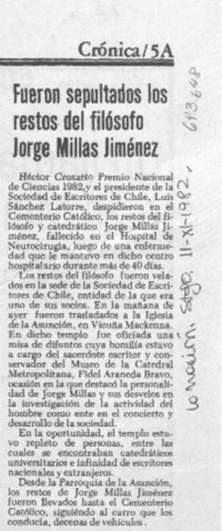 Fueron sepultados los restos del filósofo Jorge Millas Jiménez.