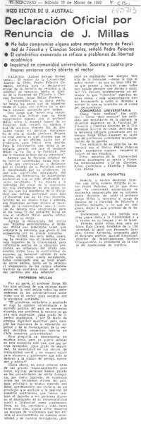 Declaración oficial por renuncia de J. Millas