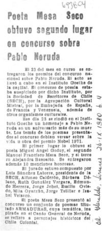 Poeta Mesa Seco obtuvo segundo lugar en concurso sobre Pablo Neruda.