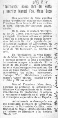 Territorios" nueva obra del poeta y escritor Manuel Fco. Mesa Seco.