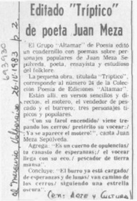 Editado "Tríptico" de poeta Juan Meza.
