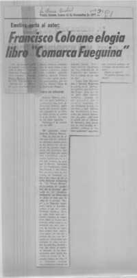 Francisco Coloane elogia libro "Comarca fueguina".