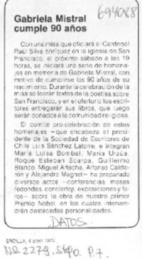 Gabriela Mistral cumple 90 años.