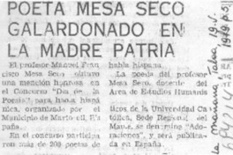 Poeta Mesa Seco galardonado en la madre patria.