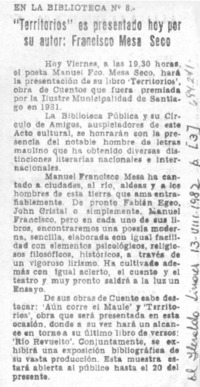 "Territorios" es presentado hoy por su autor: Francisco Mesa Seco.