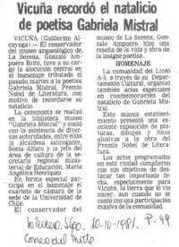 Vicuña recordó el natalicio de poetisa Gabriela Mistral