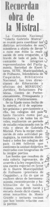 Recuerdan obra de la Mistral.