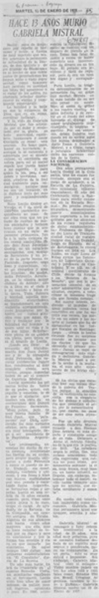 Hace 13 años murió Gabriela Mistral