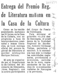 Entrega del Premio Regional de Literatura mañana en la Casa de la Cultura.
