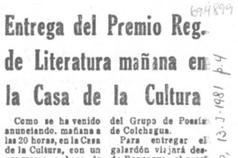 Entrega del Premio Regional de Literatura mañana en la Casa de la Cultura.