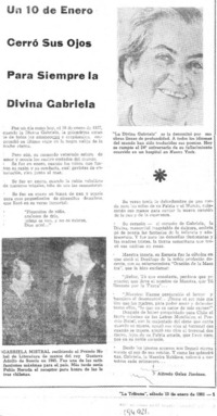 Un 10 de enero cerró sus ojos para siempre la divina Gabriela
