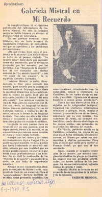 Gabriela Mistral en mi recuerdo