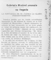 Gabriela Mistral anuncia su llegada.