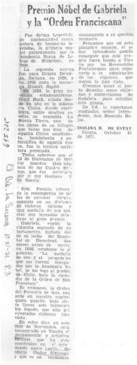 Premio Nóbel de Gabriela Mistral y la "Orden Franciscana"