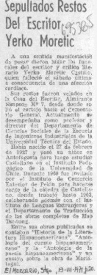 Sepultados restos del escritor Yerko Moretic.