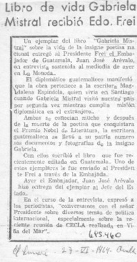Libro de vida Gabriela Mistral recibió Edo. Frei.