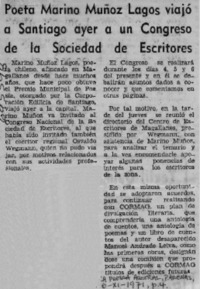 Poeta Marino Muñoz Lagos viajó a Santiago ayer a un Congreso de la Sociedad de Escritores