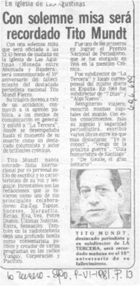 Con solemne misa será recordado Tito Mundt.