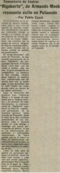 Rigoberto", de Armando Moock, resonate éxito en Putaendo