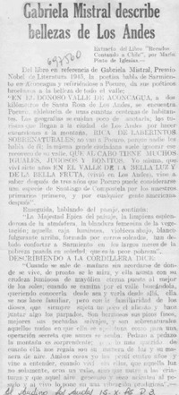 Gabriela Mistral describe bellezas de Los Andes.