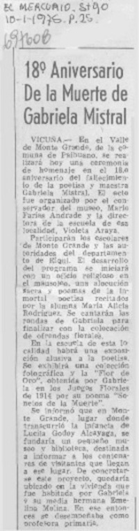 18° aniversario de la muerte de Gabriela Mistral.