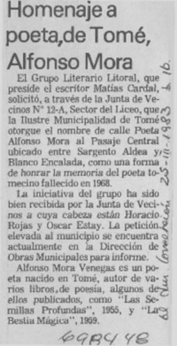 Homenaje a poeta de Tomé, Alfonso Mora.