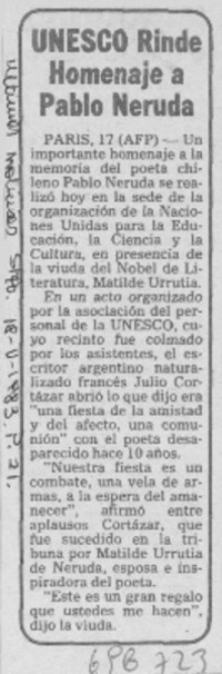 UNESCO rinde homenaje a Pablo Neruda.