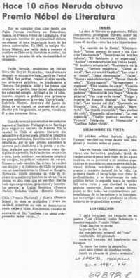 Hace 10 años Neruda obtuvo Premio Nobel de Literatura.