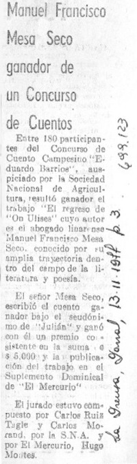 Manuel Francisco Mesa Seco ganador de un concurso de cuentos.