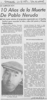 10 años de la muerte de Pablo Neruda.