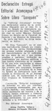 Declaración entregó editorial Aconcagua sobre libro "Lonquén".