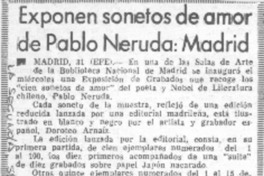 Exponen sonetos de amor de Pablo Neruda, Madrid.