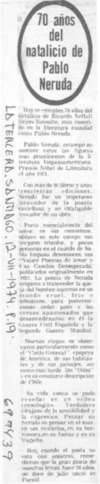 70 años del natalicio de Pablo Neruda.
