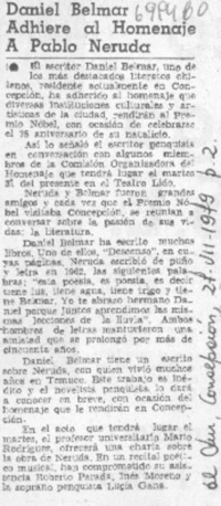 Daniel Belmar adhiere al homenaje a Pablo Neruda.