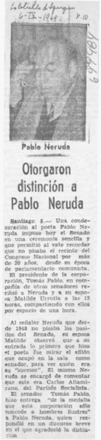 Otorgaron distinción a Pablo Neruda.