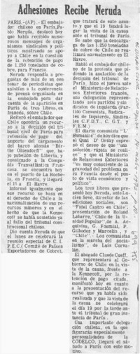 Adhesiones recibe Neruda.