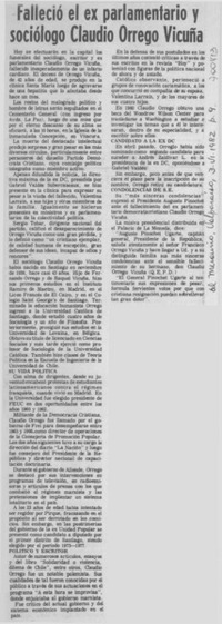 Falleció el ex parlamentario y sociólogo Claudio Orrego Vicuña.