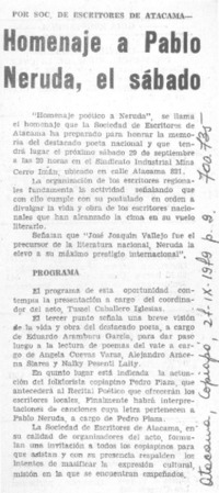 Homenaje a Pablo Neruda, el sábado.