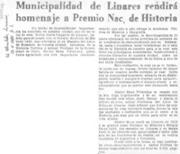 Municipalidad de Linares rendirá homenaje a Premio Nac. de Historia.