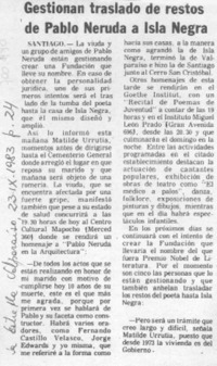Gestionan traslado de restos de Pablo Neruda a Isla Negra.