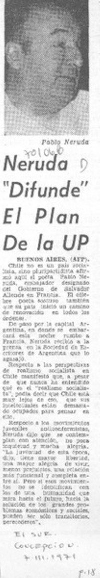 Neruda "difunde" el plan de la UP.
