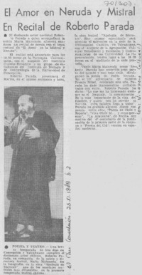 El Amor en Neruda y Mistral en recital de Roberto Parada.